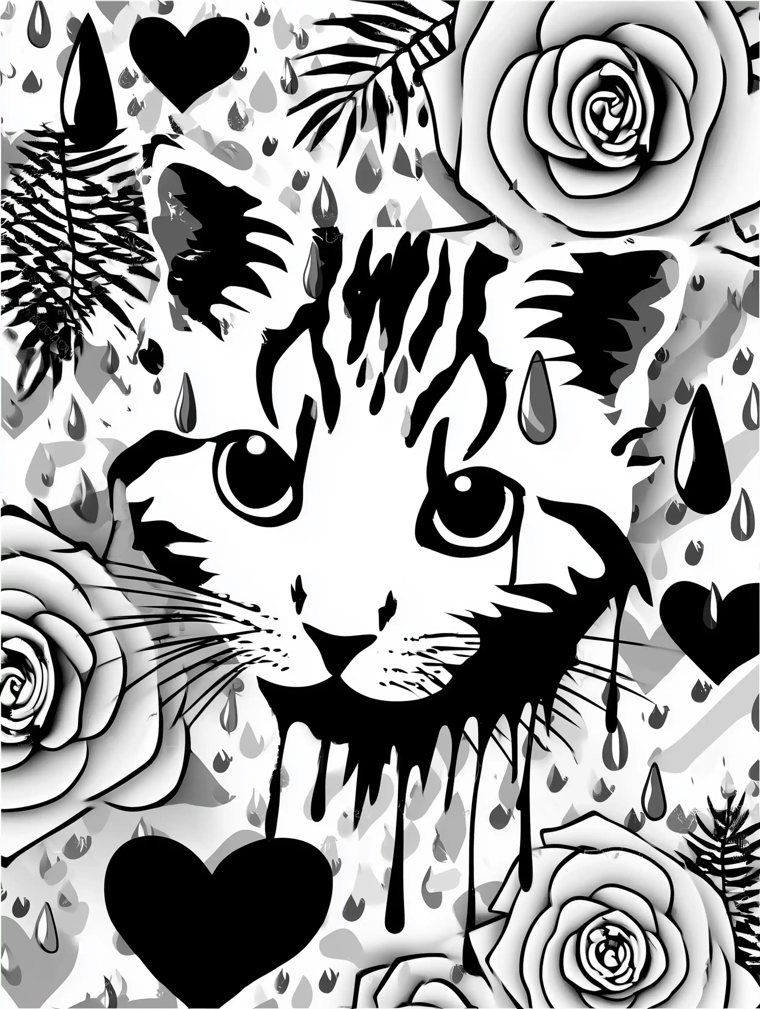 Free printable cats coloring page featuring a cat with dripping details